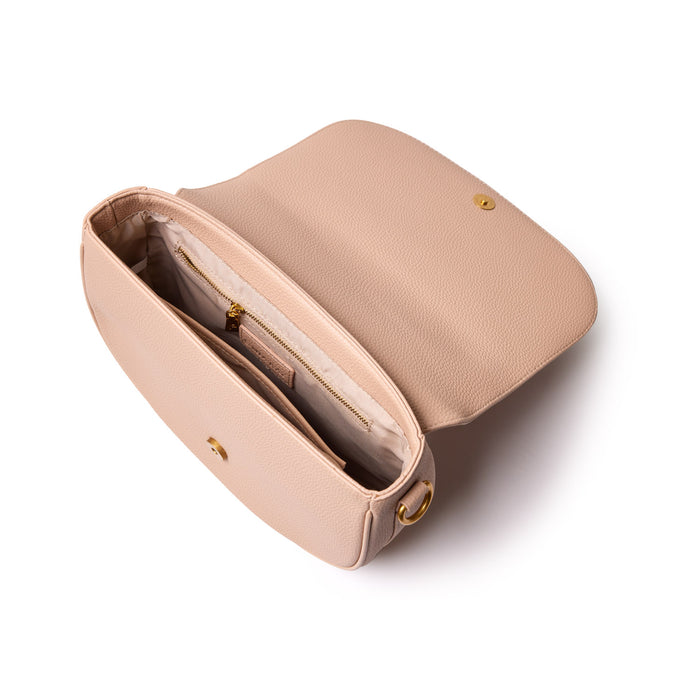 Medium nude pebble shoulder bag with interior zip pocket, open flap, and gold hardware, designed for stylish everyday use.