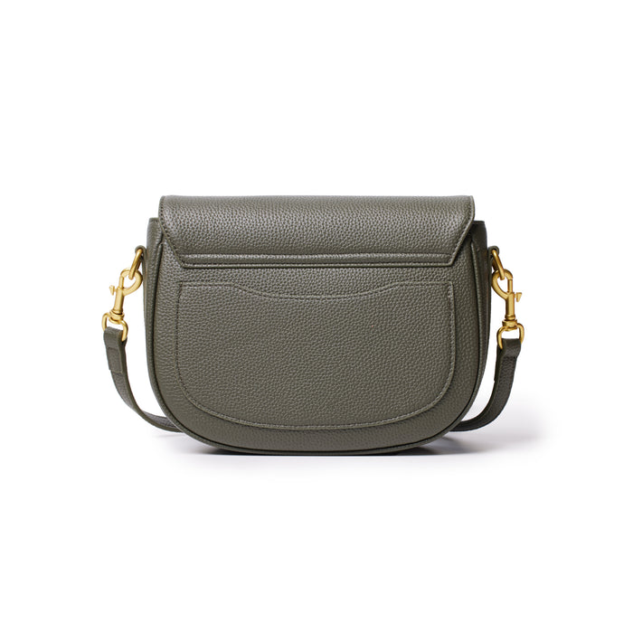 Medium olive green pebble leather shoulder bag with gold-tone hardware and adjustable strap.