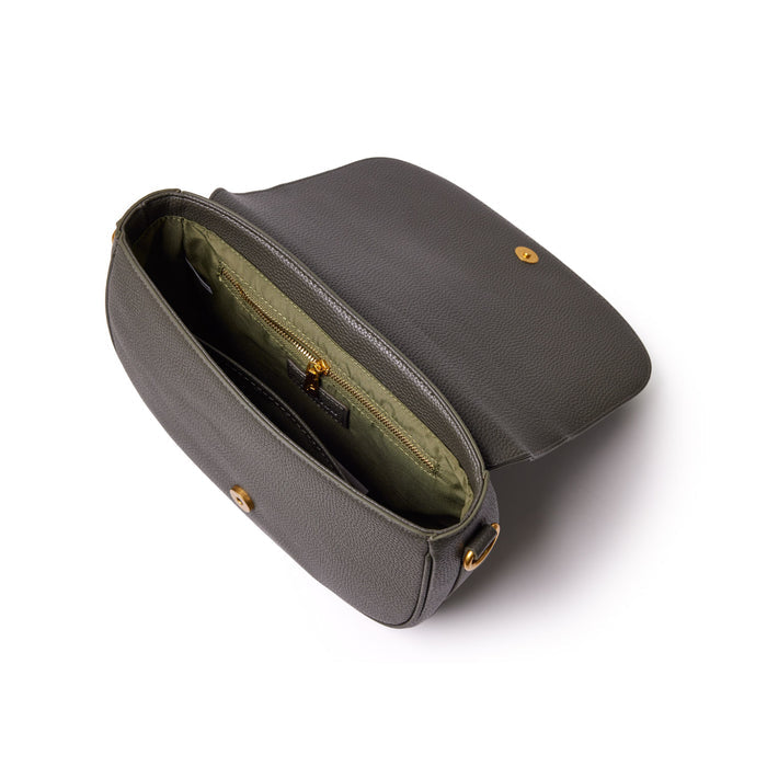 Medium olive green pebble shoulder bag with interior zip pocket and gold-tone hardware, open to show interior compartments.