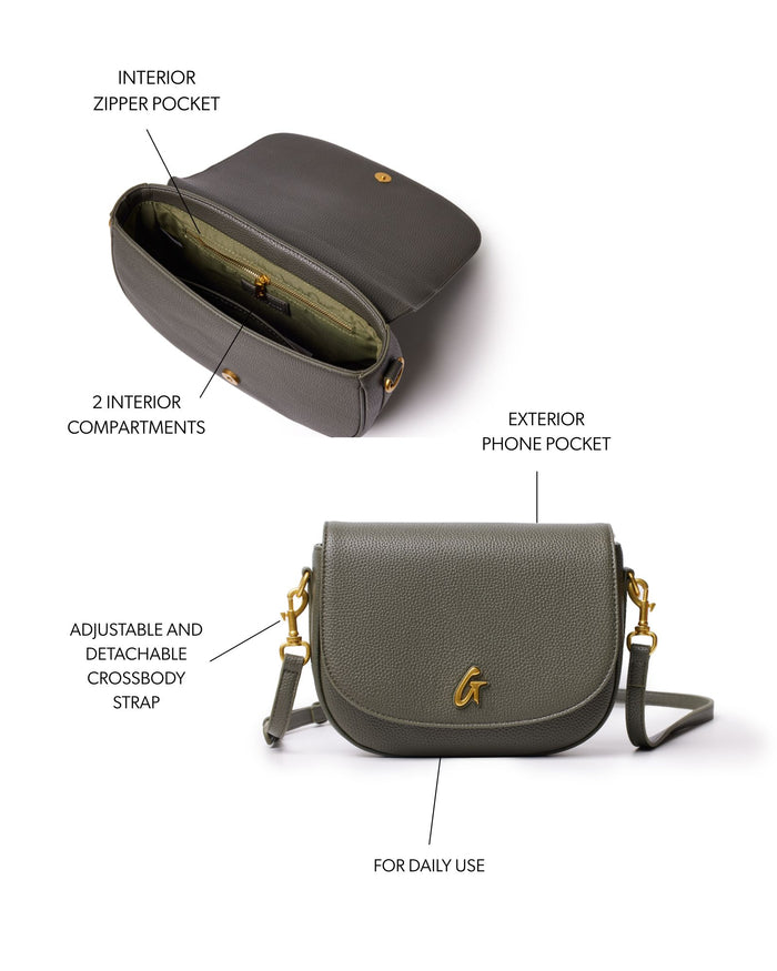 Olive green medium pebble shoulder bag with adjustable crossbody strap, exterior phone pocket, and interior compartments.