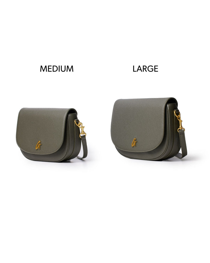 Medium olive green pebble shoulder bag with a sleek design and gold hardware, perfect for stylish everyday use.