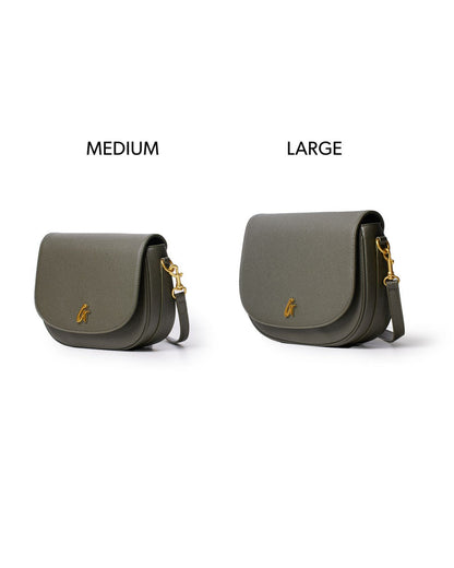 Medium olive green pebble shoulder bag with a sleek design and gold hardware, perfect for stylish everyday use.