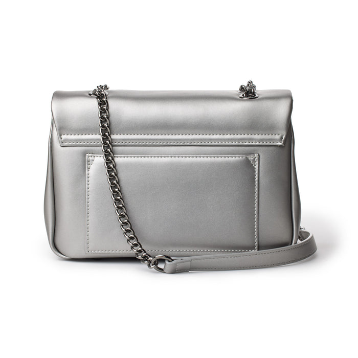 Medium platinum-colored flap bag with a chain strap, sleek design, and front pocket, perfect for stylish everyday use.