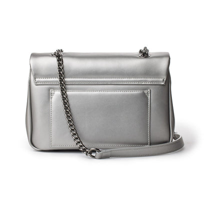 Medium platinum-colored flap bag with a chain strap, sleek design, and front pocket, perfect for stylish everyday use.