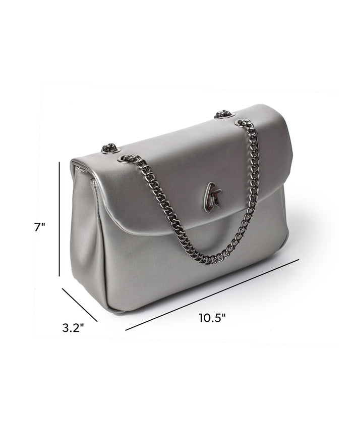 Medium platinum flap bag with a sleek design, featuring a chain strap and logo detail, perfect for stylish outings.