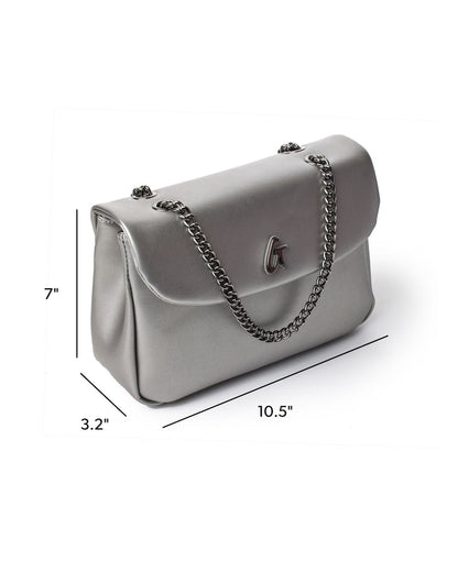 Medium platinum flap bag with a sleek design, featuring a chain strap and logo detail, perfect for stylish outings.