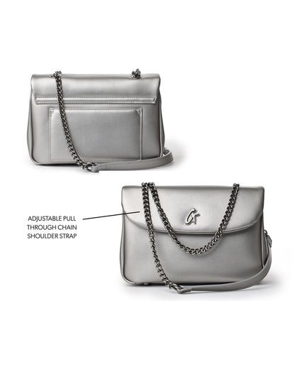 Medium standard flap bag in platinum with adjustable pull-through chain shoulder strap and sleek design.