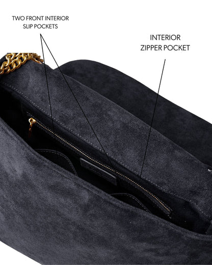 Medium black suede flap bag featuring a chain strap, two front slip pockets, and an interior zipper pocket.