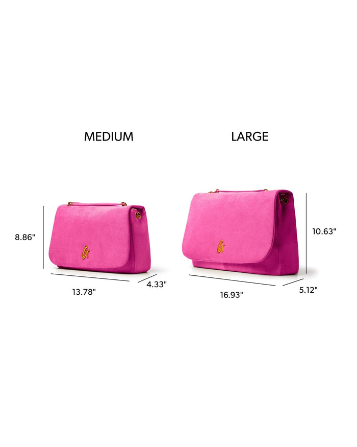 Hot pink medium suede flap bag with gold logo, dimensions 8.86 inches high and 13.78 inches wide.