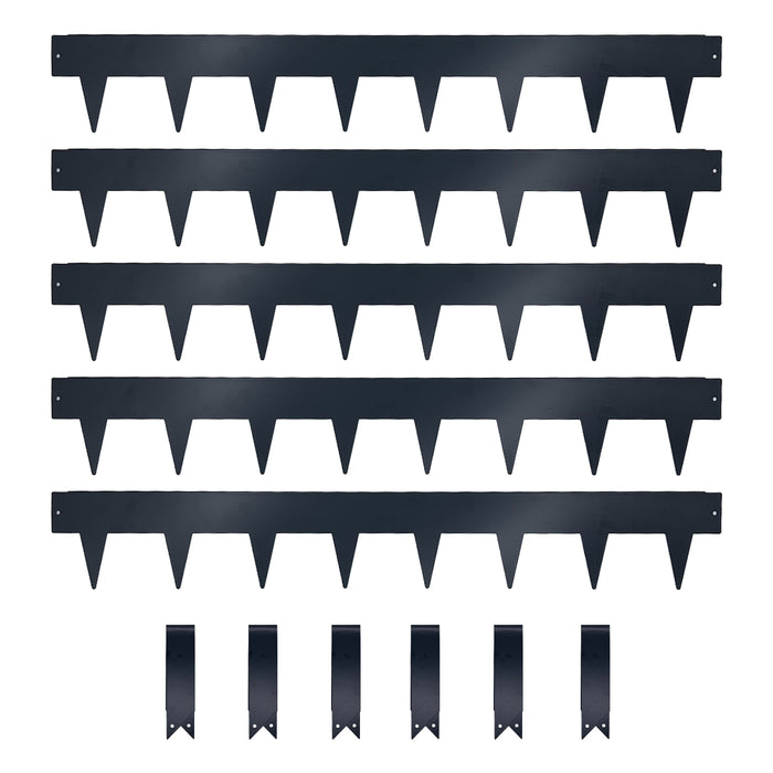 Set of grey-coloured 15cm high metal strips with spikes and clips on a white background