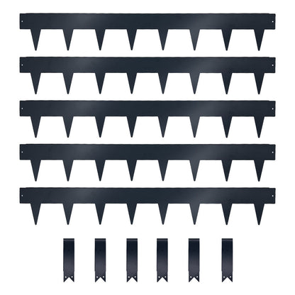 Set of grey-coloured 15cm high metal strips with spikes and clips on a white background