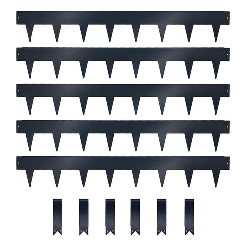Set of grey-coloured 15cm high metal strips with spikes and clips on a white background