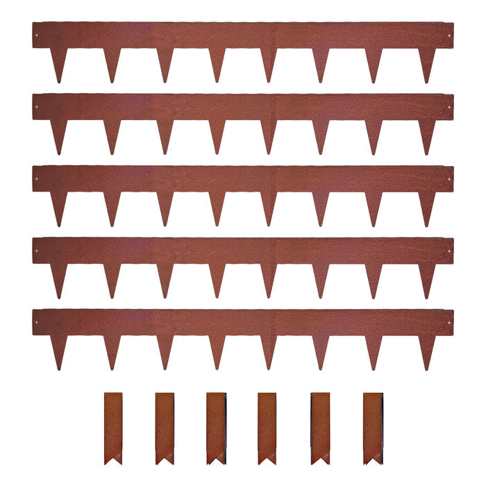 Set of rust-coloured 15cm high metal strips with spikes and clips on a white background