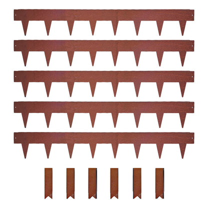 Set of rust-coloured 15cm high metal strips with spikes and clips on a white background