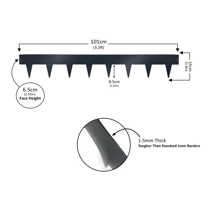 Measurement chart of 15cm high grey metal border strip with dimensions and thickness.