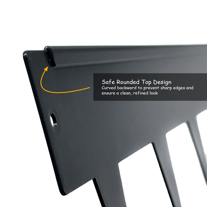 Close-up of grey metal 15cm high edge  with a safe rounded top design.