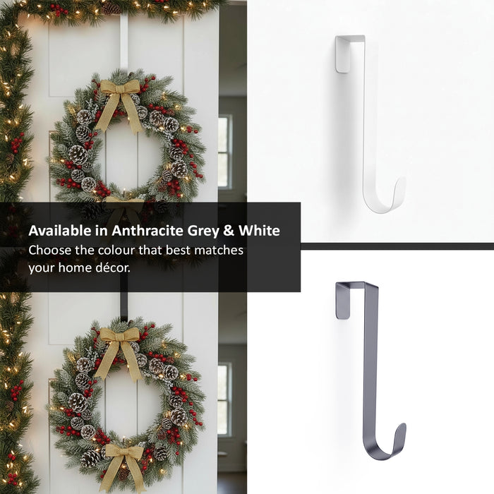 Decorative wreath hanging on a metal hook against a white wall, showing available colour options grey and white.