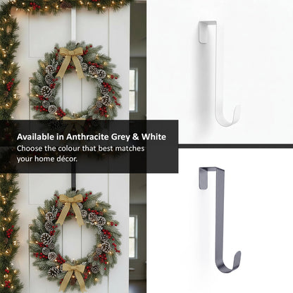 Decorative wreath hanging on a metal hook against a white wall, showing available colour options grey and white.