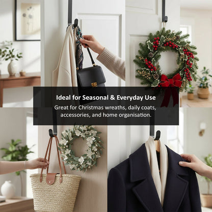 Grey metal wreath hook over a door, shown holding a coat, handbag, scarf, and seasonal wreaths in a bright, modern interior to highlight it's versatility