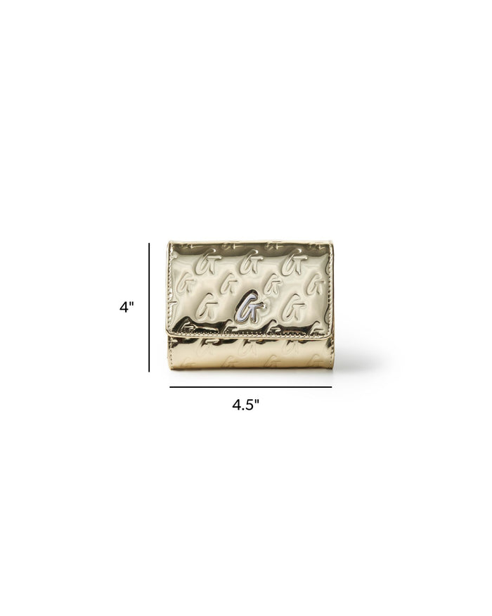 Metallic gold compact wallet on a chain featuring a monogram design, perfect for stylish, affordable luxury.