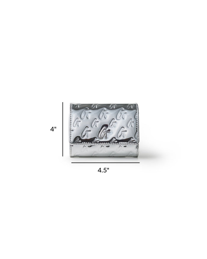 Metallic silver compact wallet on chain featuring a monogram design, perfect for stylish, on-the-go organization.