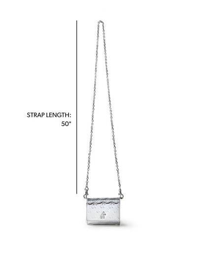 Metallic silver compact wallet on a chain with monogram design, featuring a 50-inch strap for versatile styling.