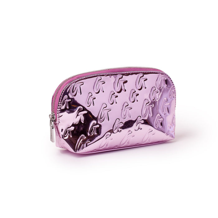 Metallic pink monogram cosmetic pouch with embossed "G" pattern and silver zipper.