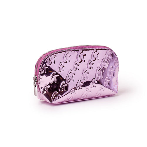 Metallic pink monogram cosmetic pouch with embossed "G" pattern and silver zipper.