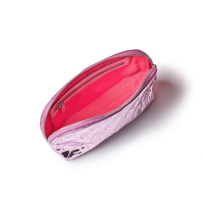Metallic pink monogram cosmetic pouch with a zip closure, open to show a bright pink interior and compartments.