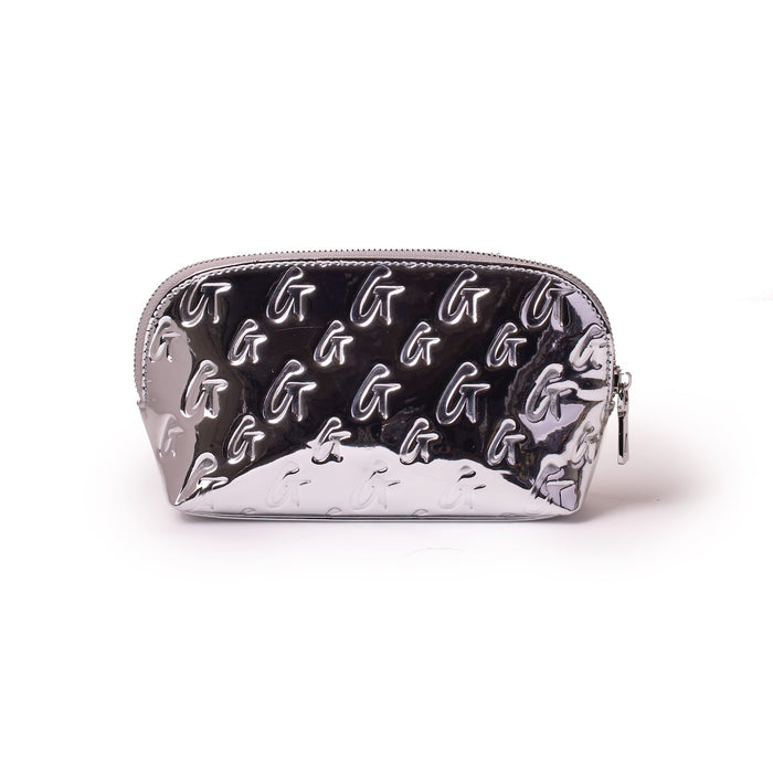 Metallic silver cosmetic pouch with embossed monogram G pattern, shiny finish, and zipper closure.