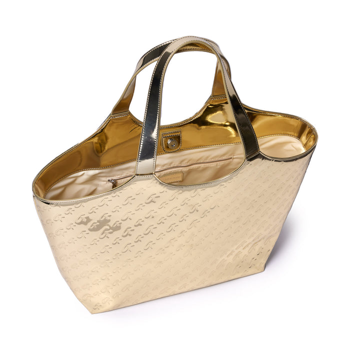 Metallic gold maxi tote bag with monogram pattern, gold interior, and black handles, stylish and spacious for everyday use.