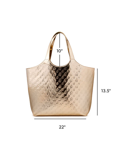 Metallic gold maxi tote with embossed monogram design, measuring 22 inches wide, 10 inches high, and 13.5 inches deep.