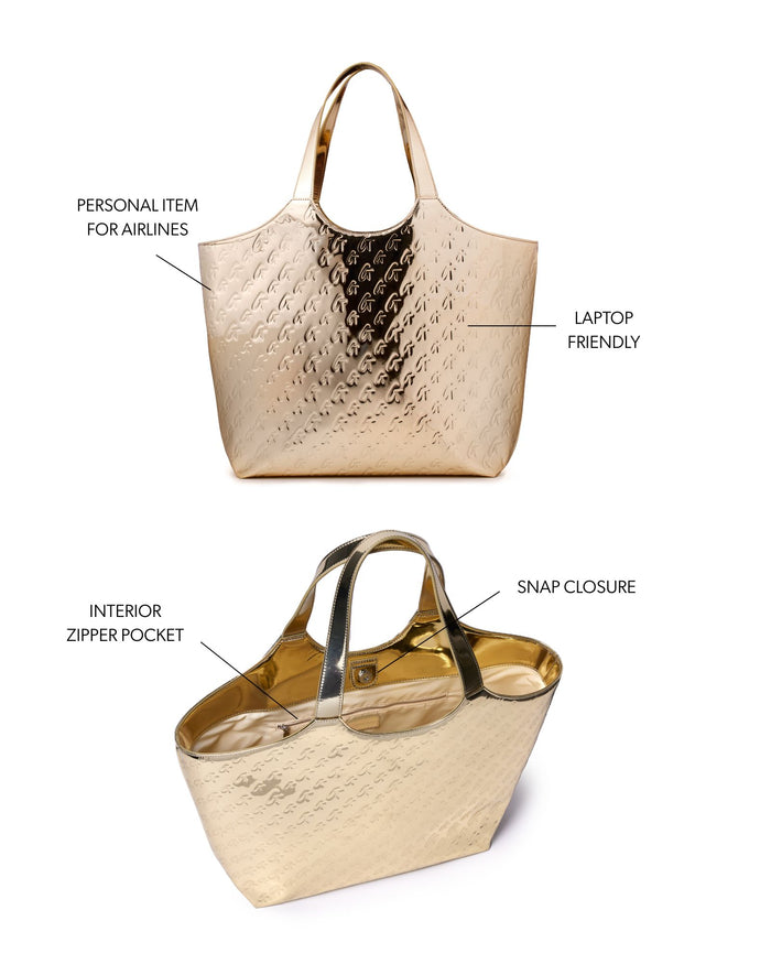 Metallic gold maxi tote with monogram design, laptop-friendly, snap closure, and interior zipper pocket.