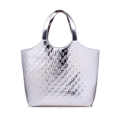 Metallic silver maxi tote bag with embossed logo pattern and shiny metallic handles.
