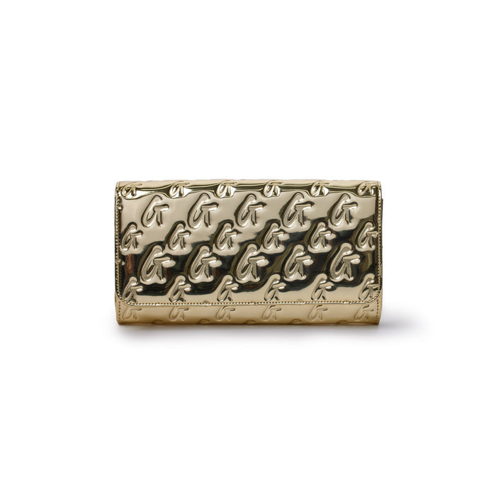 Metallic gold travel wallet with embossed monogram G pattern, sleek and shiny, designed for stylish travel accessories.