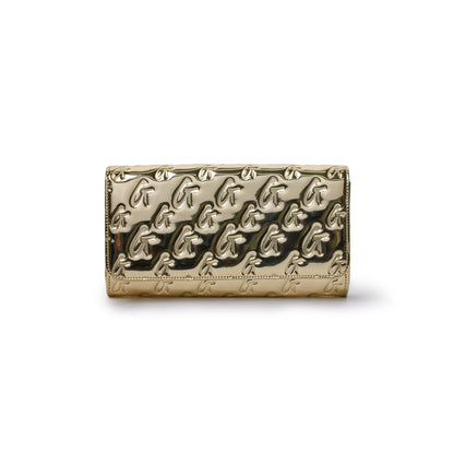 Metallic gold travel wallet with embossed monogram G pattern, sleek and shiny, designed for stylish travel accessories.