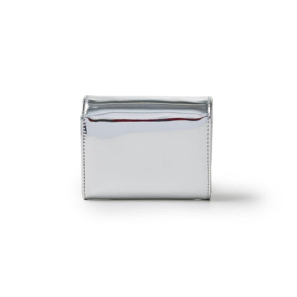 Metallic silver compact wallet with a shiny, reflective surface and stitched edges, designed for everyday use.