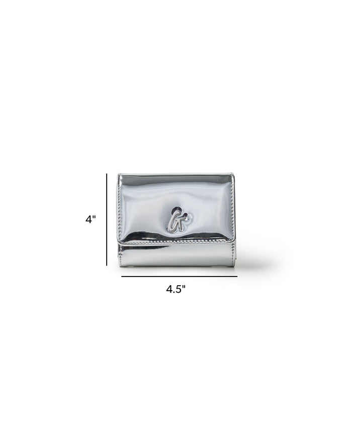 Metallic silver compact wallet on chain, featuring a sleek design and logo detail, perfect for stylish organization.