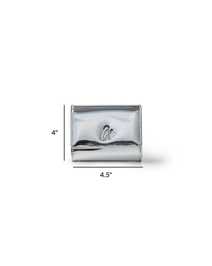 Metallic silver compact wallet on chain, featuring a sleek design and logo detail, perfect for stylish organization.