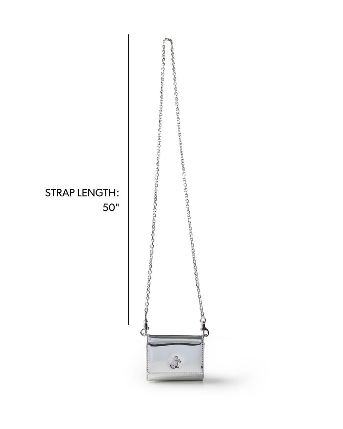 Metallic silver compact wallet on a chain with a 50-inch strap, perfect for stylish, hands-free convenience.
