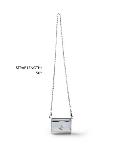 Metallic silver compact wallet on a chain with a 50-inch strap, perfect for stylish, hands-free convenience.