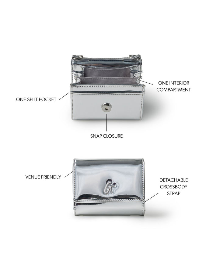 Metallic silver compact wallet on chain with snap closure, one interior compartment, and detachable crossbody strap.