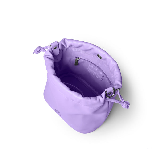 Lavender mini drawstring bucket bag with a soft interior and adjustable closure for stylish, everyday use.