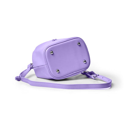 Mini drawstring bucket bag in lavender with a sleek design and adjustable strap, perfect for stylish everyday use.