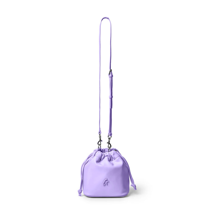 Lavender mini drawstring bucket bag with adjustable strap and logo detail, perfect for stylish, affordable luxury.