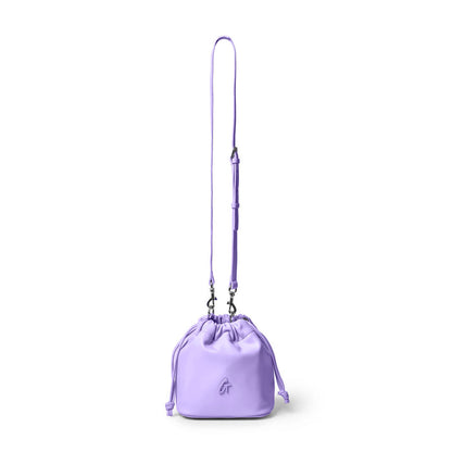 Lavender mini drawstring bucket bag with adjustable strap and logo detail, perfect for stylish, affordable luxury.