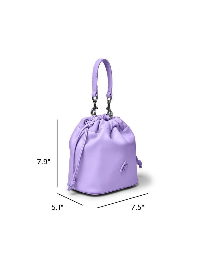 Mini drawstring bucket bag in lavender, featuring a soft texture and adjustable strap, measuring 7.9 by 5.1 by 7.5 inches.