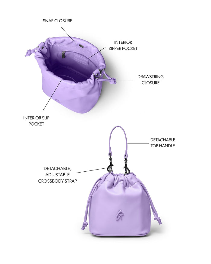 Lavender mini drawstring bucket bag featuring a snap closure, interior pockets, and a detachable crossbody strap.