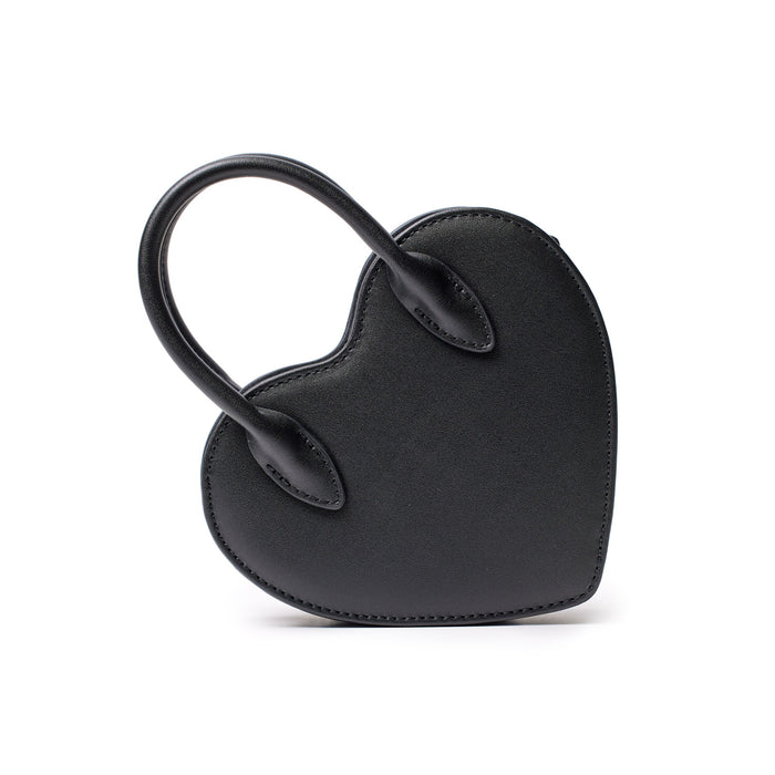 Small black heart-shaped bag with rounded handles, made of smooth leather, designed for stylish everyday use.