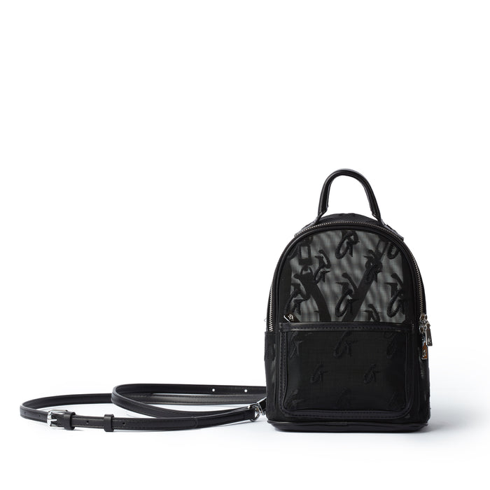 Mini mesh monogram backpack in black with a front zip pocket and adjustable shoulder strap, featuring a subtle monogram pattern.